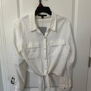 Marc New York white linen blend tie front long sleeve top‎